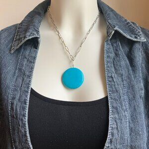 Turquoise Pendant Necklace 20 in Stainless Steel Waterproof Paperclip Chain NEW